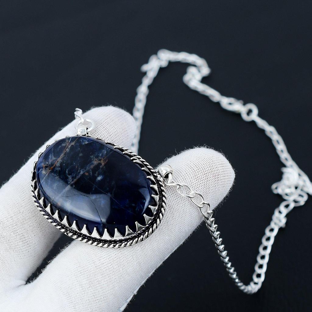 Sodalite Gemstone Jewelry Necklace, Natural Sodalite 925 Sterling Silver Charm Necklace For Wedding Gift, Silver Necklace For Women Gifts