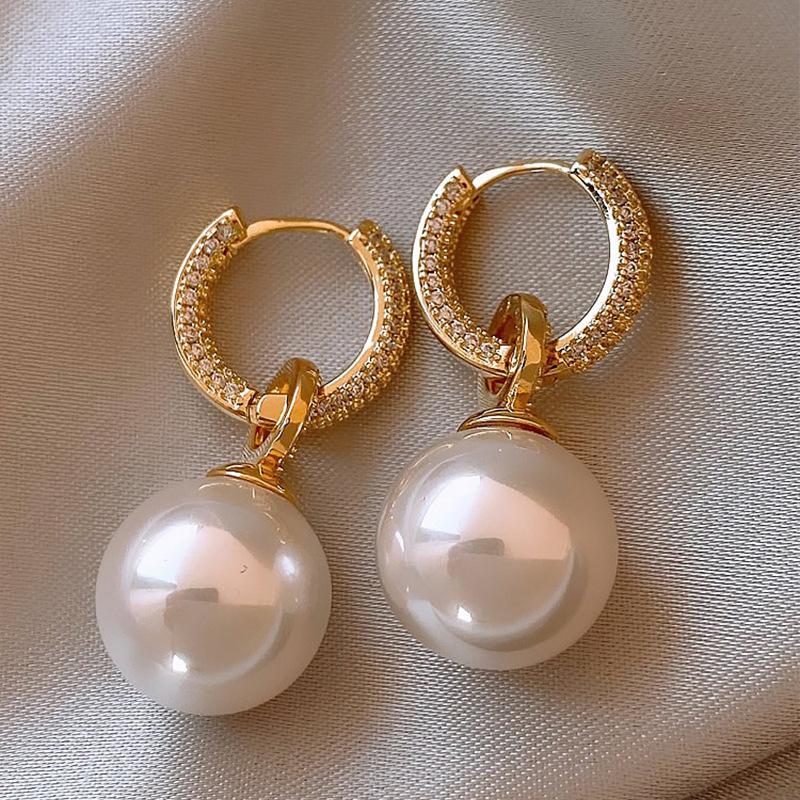 Round Large Pearl Earrings Women's High-end Earrings Niche Design Light Luxury Personalized Zircon Micro-inlaid Ear Buckle