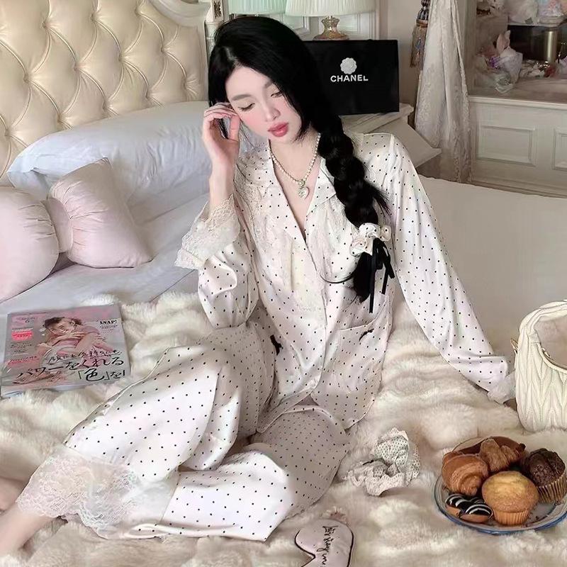 

Sexy pajamas women s ice silk autumn polka dot printing long-sleeved trousers lace collar sweet wearable loungewear suit XL білий