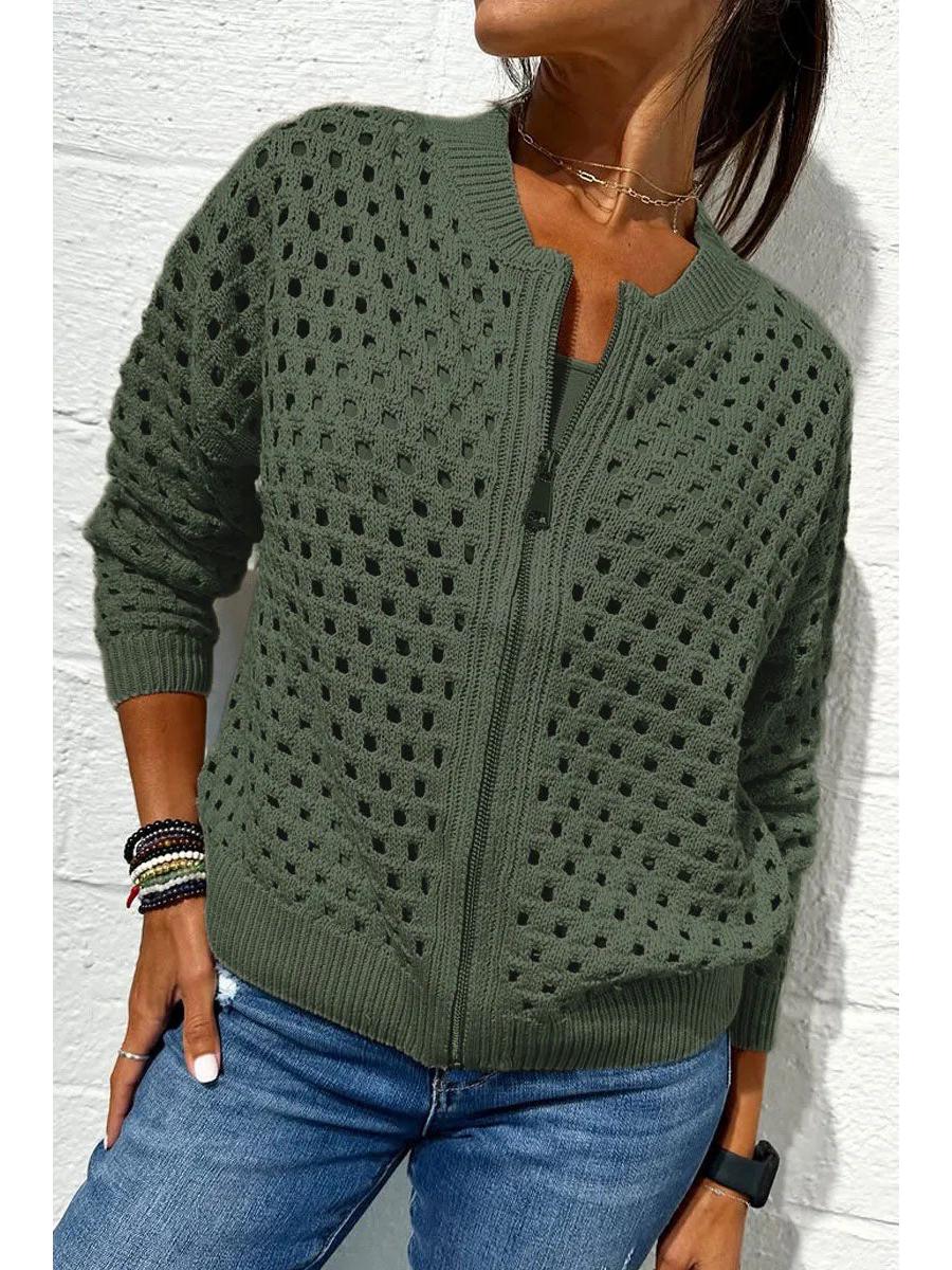

2025 Women s Casual Fashion Hollow Knit Zipper Jacket - European and American Style M зелений