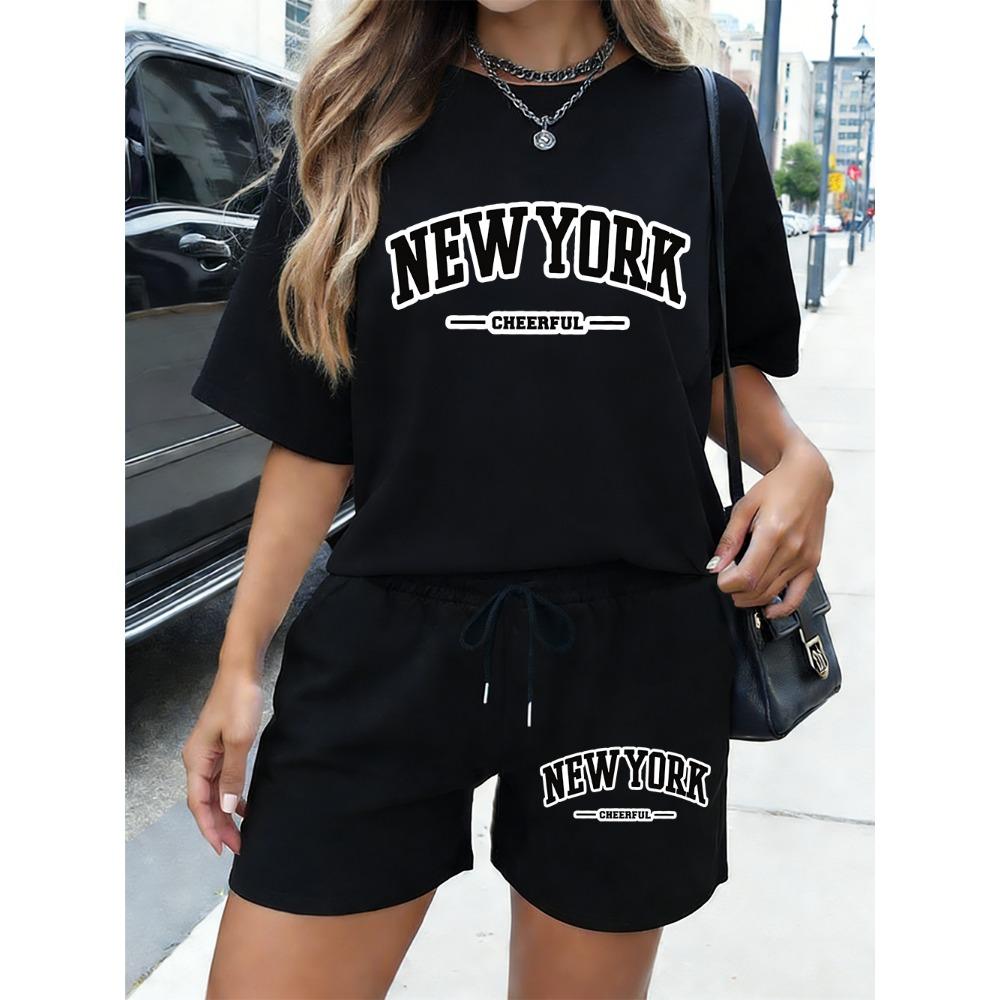 New York Cheerful Letter Print  Shorts Womens Basic Two Pieces Set T-Shirt Pants Summer High Waisted Oversize Clothes