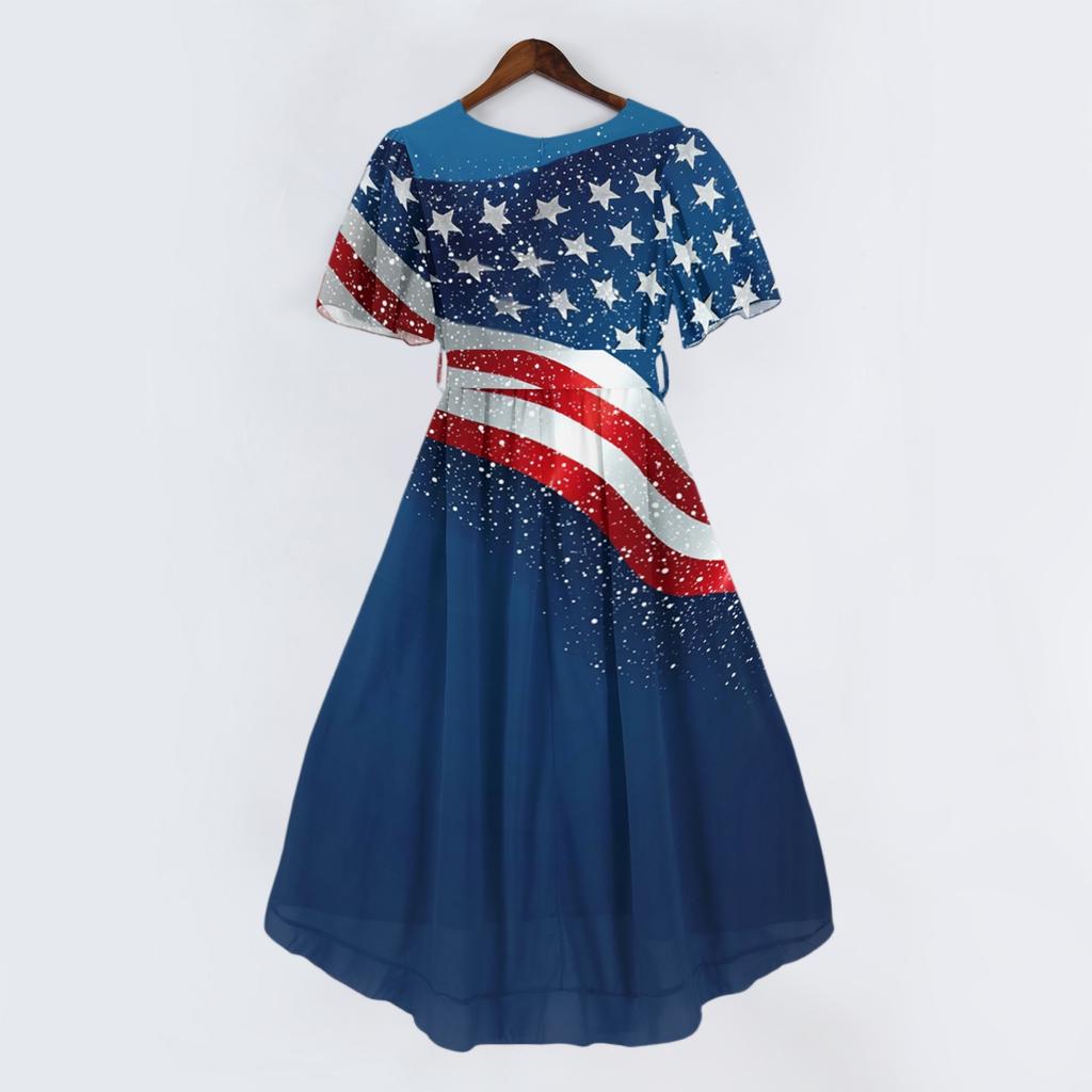 Women V Neck Short Sleeve Casual Dress with Star and Stripe Print Loose Fit Knee Length for Daily Wear Holiday Party