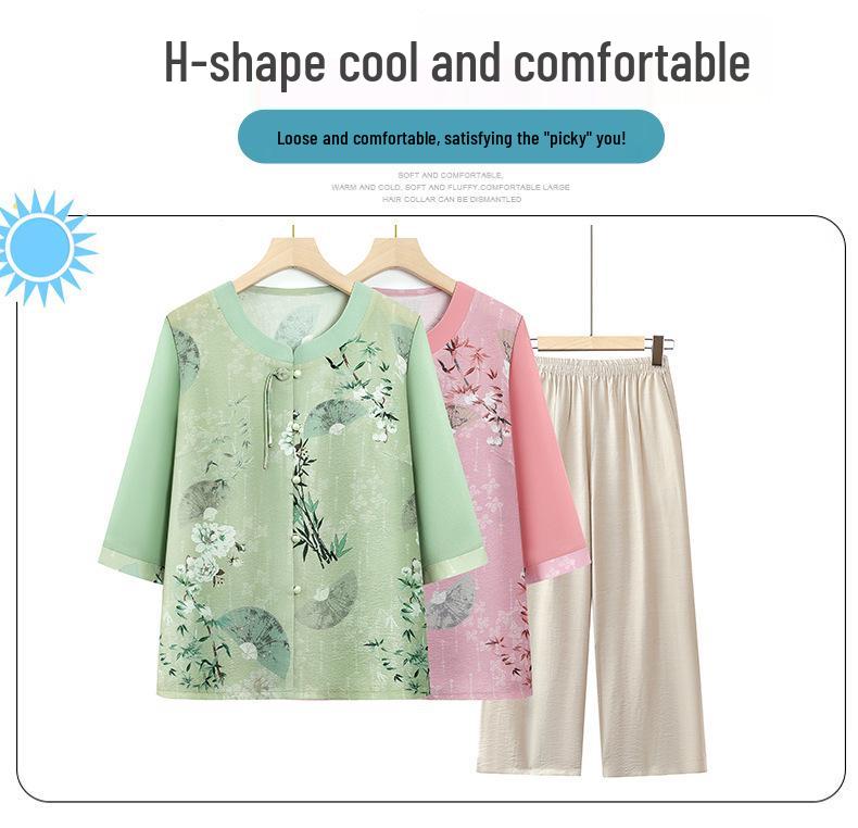 2026 Chinese-Style Two-Piece Set for Grandma: Lightweight Summer Outfit with Seven-Sleeve Top for Moms