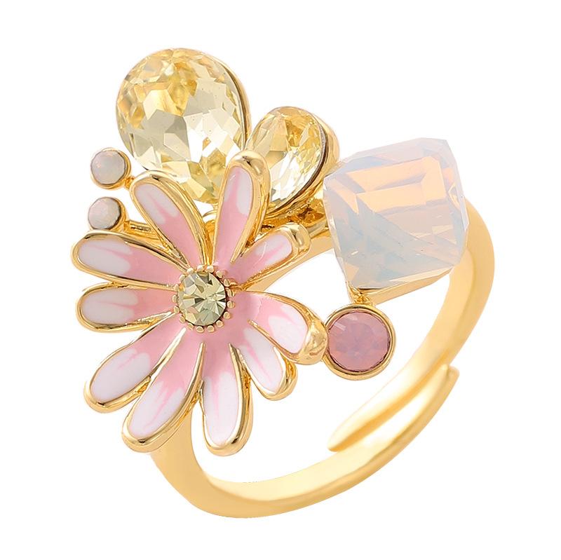 Stylish Sweet Small Fresh Enamel Oil Drip Diamond Small Daisy Adjustable Opening Ring Niche High-end Jewelry