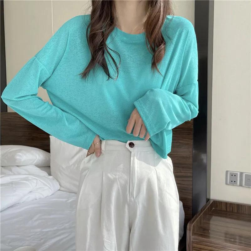 Damska Letnia Bluzka z Długim Rękawem Plus Size Cienka Jednolity Kolor Prosty Top z Filtrem Przeciwsłonecznym