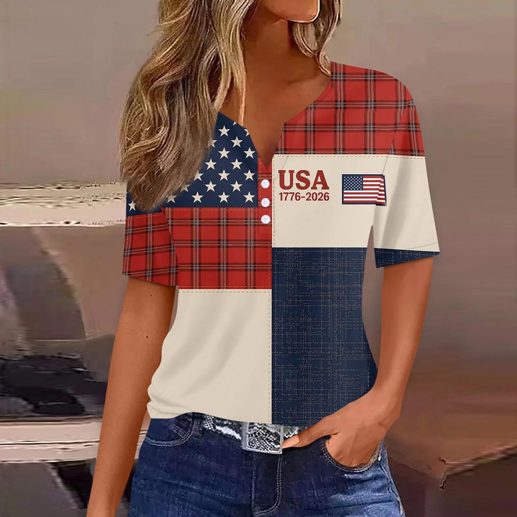 Women's Fashion Casual Independence Day Print V-Neck Short Sleeve Button-Up T-Shirt Top