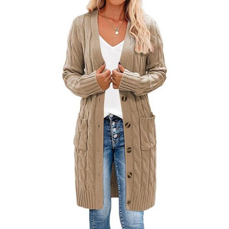 Button Up Knitting Jacket Women Sweater Cardigan Solid Color V Neck Long Sleeve Twist Texture Tops with Pockets