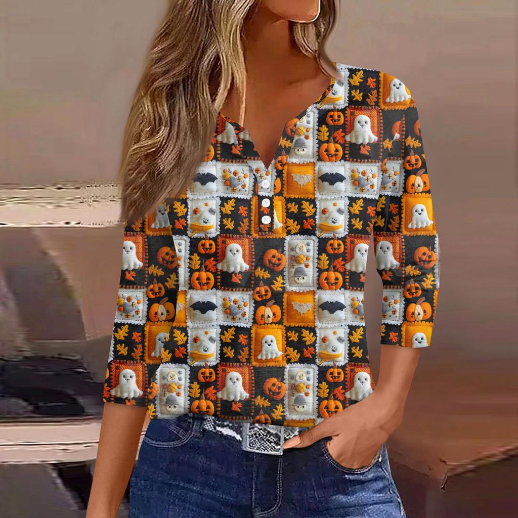 Damen T-Shirt mit Aufdruck, Knopfleiste, 3/4-Ärmel, modisch für den Alltag und das Wochenende, Basic, V-Ausschnitt, normales Oberteil