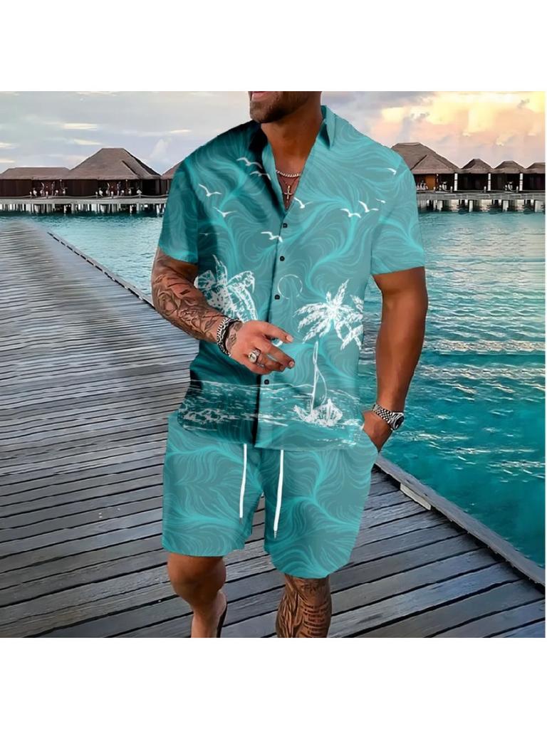Fashionable Hawaiian Palm Tree 3D Print Men’s Set: Short-Sleeve Shirt and Loose Casual Beach Shorts