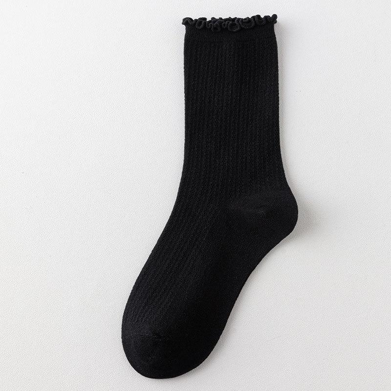 Ladies Spring and Autumn Solid Color Fungus Lace Boneless Medium Tube Pile Cotton Socks