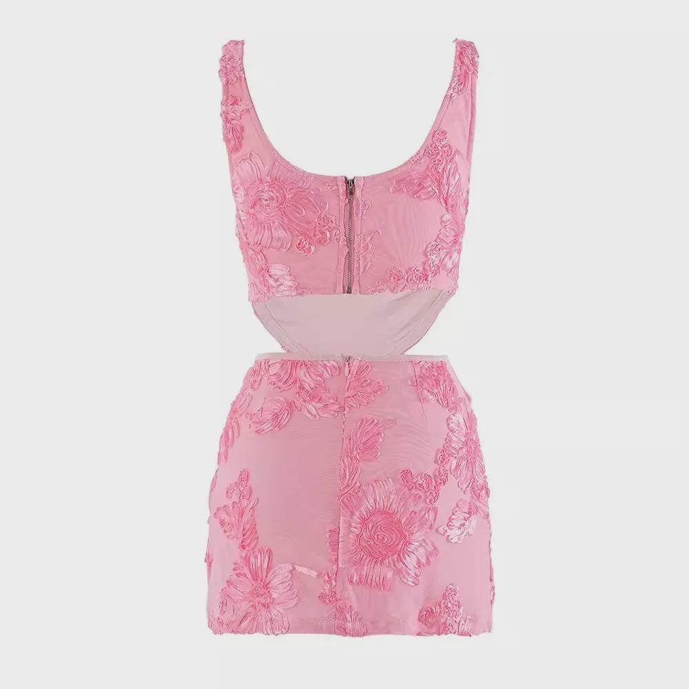 "European & American 3D Embroidered Floral Pink Camisole Skirt Set"