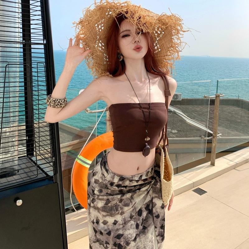 Lazy Vacation Style~ Spice Girl Tube Top Sling Vest Summer Sexy Irregular Half Skirt Two-piece Travel Wear