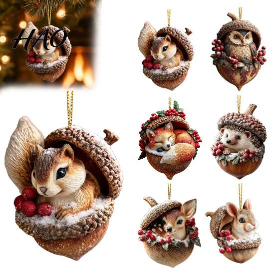 Elegant Holiday Decor Forest Animal Acorn Hanging Ornament, 2D Acrylic Flat Printed Tree Seasonal Ornaments for Christmas, Woodland Creature Pendant,