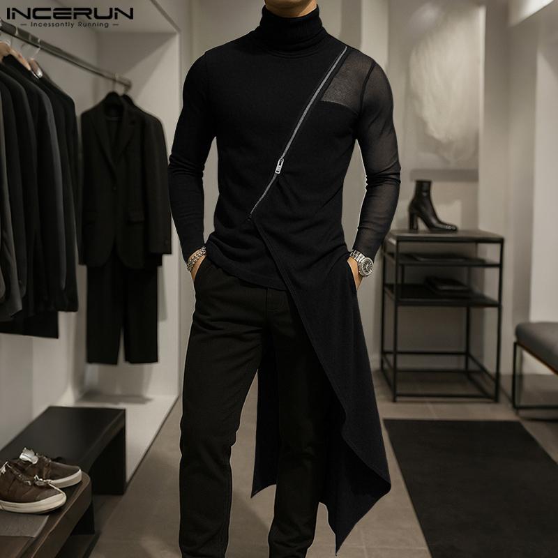 INCERUN Podzimní pánské rolákové topy s dlouhým rukávem, síťovanou patchworkovou aplikací, dlouhá tuniková trička