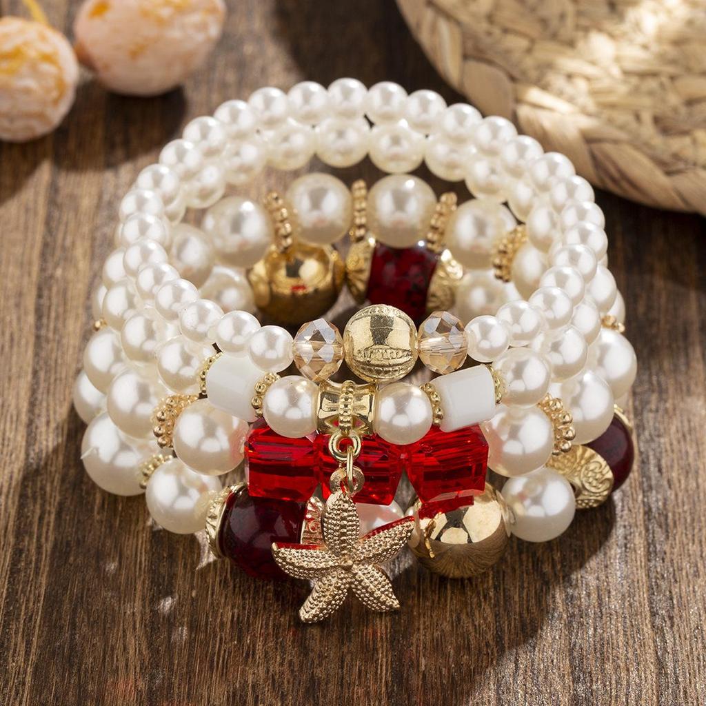 European Bohemian Beaded Bracelet Set with Starfish Pendant and Crystal Faux Pearl