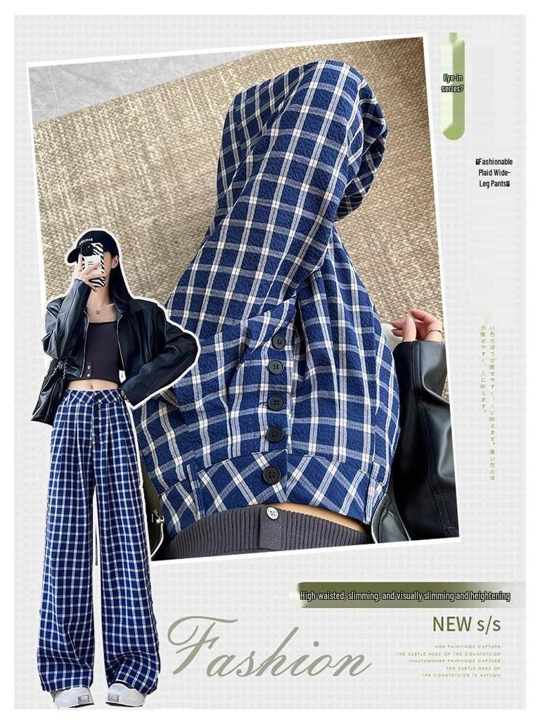 Women's Blue Retro Plaid Double-Breasted Wide-Leg Pants - Zhao Lusi Spring & Autumn Style
