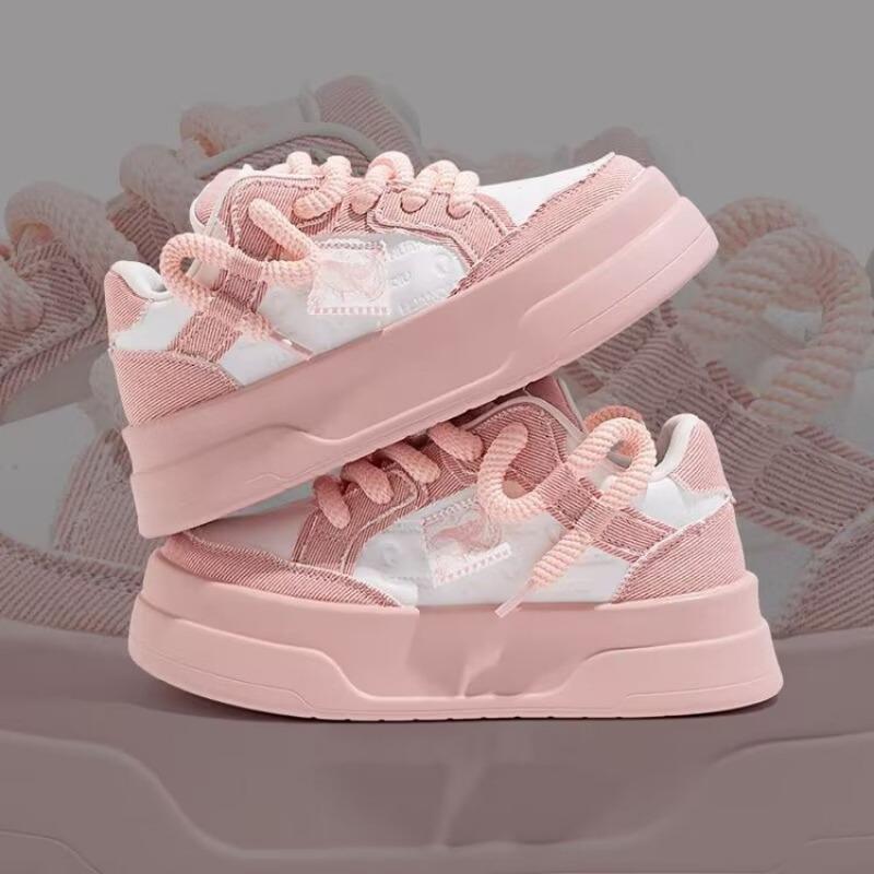 Fashion Women Pink Platform Skateboard Shoes Fashion Lace-up Comfortable Vulcanized Shoes Women Casual Sneakers Pu Leather Jogging Shoes