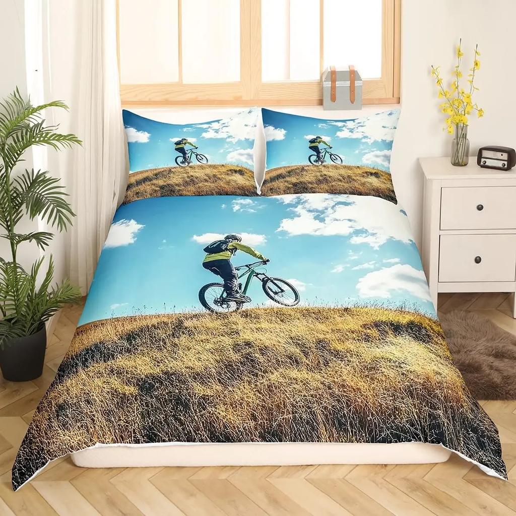 Bicycle Rider Duvet Cover Toddler Size for KidsMountain Bike Bedding Set for Teens AdultsWatercolor Quilt Cover