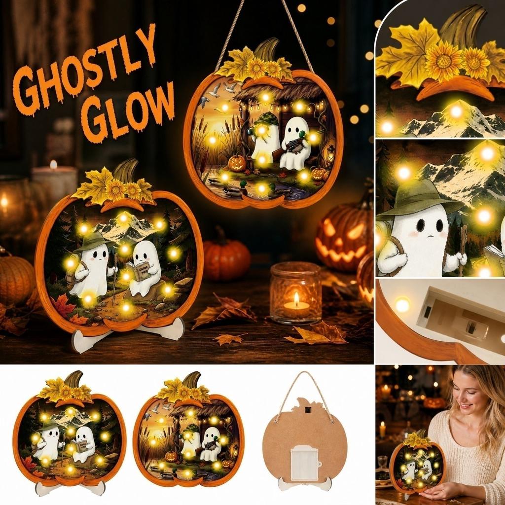 Halloween Wooden Sign Light with Pumpkin Pendant - Battery Operated Button Cell Warm Light for Party Decor, Desk Shelf Table Decoration