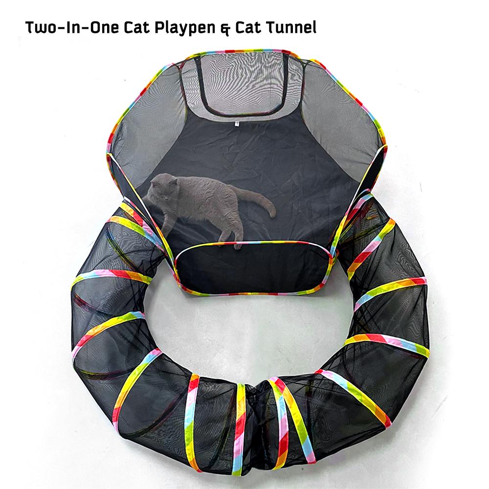 Outdoors Cat Enclosure Foldable Pet Playpen with Colorful Strips Portable Pets Playpen Tunnel for Indoor Dogs Cats &