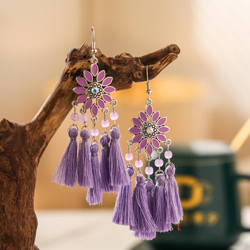 

Classic Ethnic Tassel Earrings for Women Bohemian Enamel Flower Crystal Handmade Earring Female DailyVacation Jewelry фиолетовый