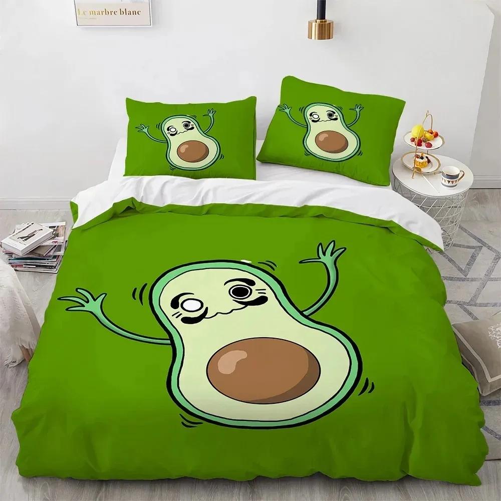 Avocado Duvet Cover Set Queen Size 3D Printed Cartoon Funny Faces Avocado Bedding Set Green White,Tropical Botanical Quilt Cover