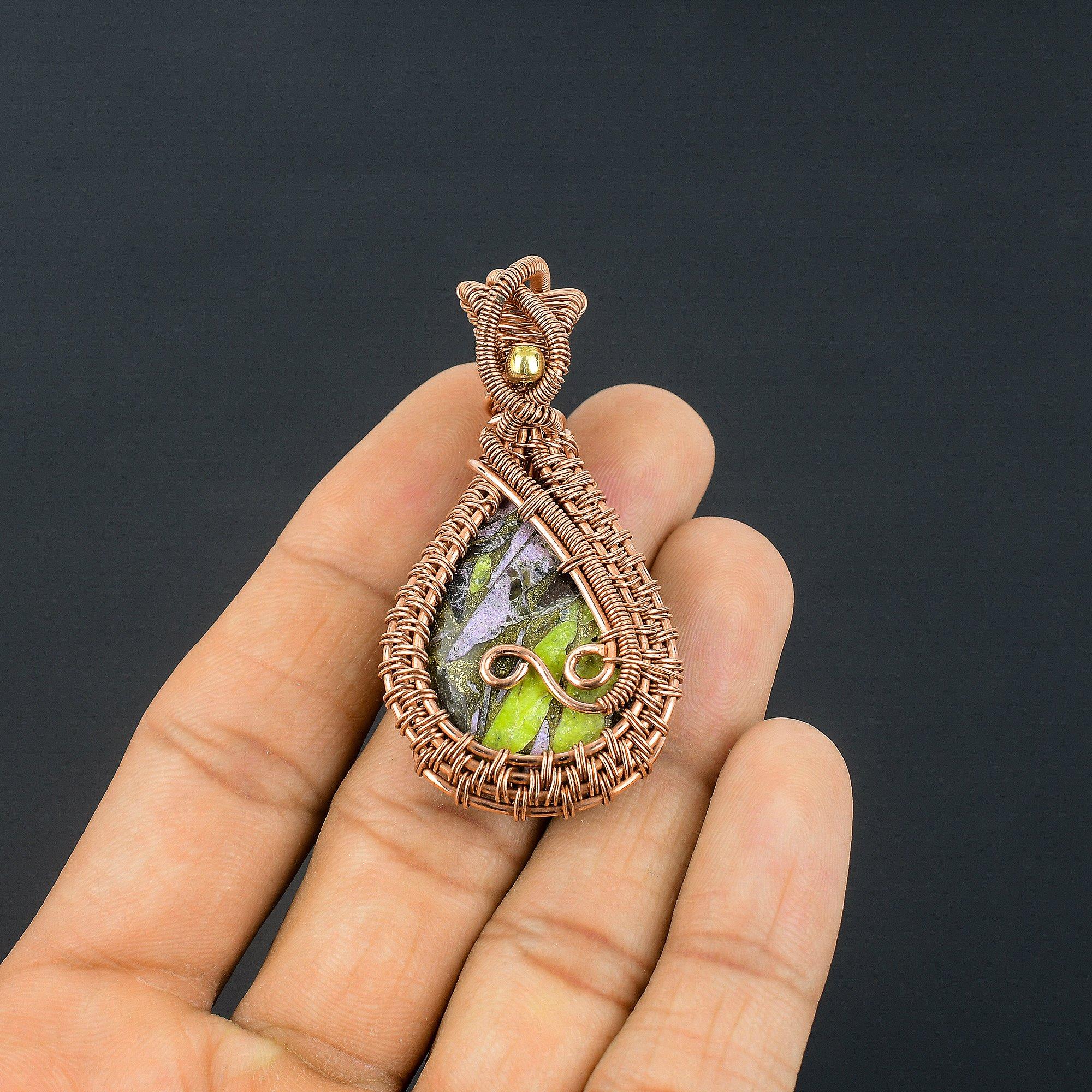 

Copper Seraphinite Pendant, 999 Copper Wire Wrapped Gemstone Jewelry, Handmade Pendant, For Thanksgiving 2.55 Inches