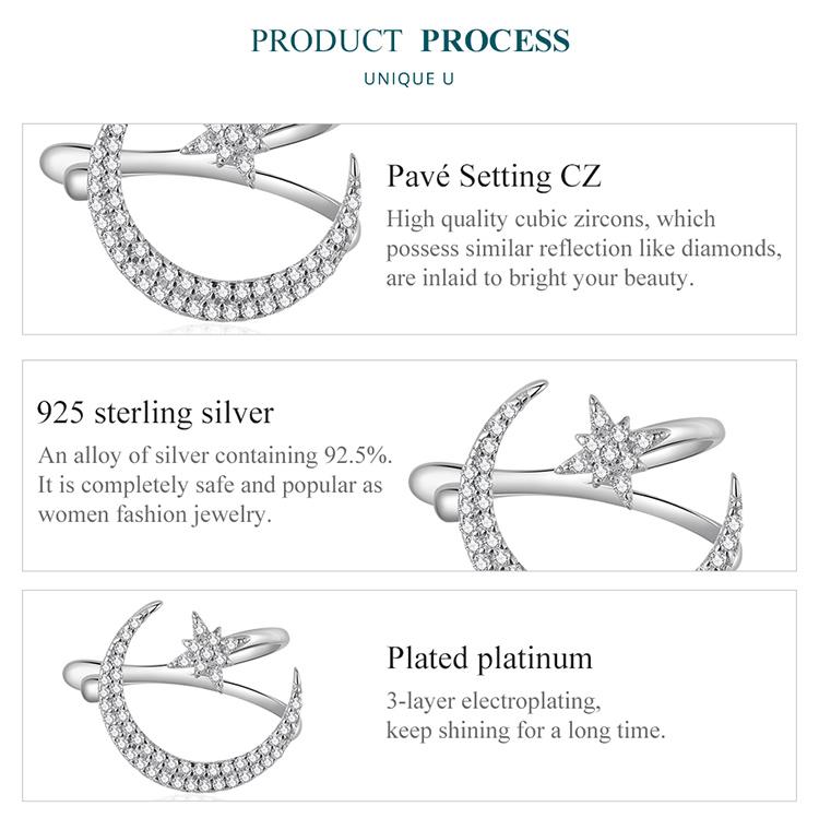 BAMOER 1PC 925 Sterling Silber Stern und Mond Ohr Manschette Pave Fassung CZ Glänzende Ohrclip für Frauen Geburtstagsgeschenk Feiner Schmuck