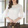 ZANZEA Damen Freizeit Rundhals 3/4 Ärmel Spitze Patchwork Bluse