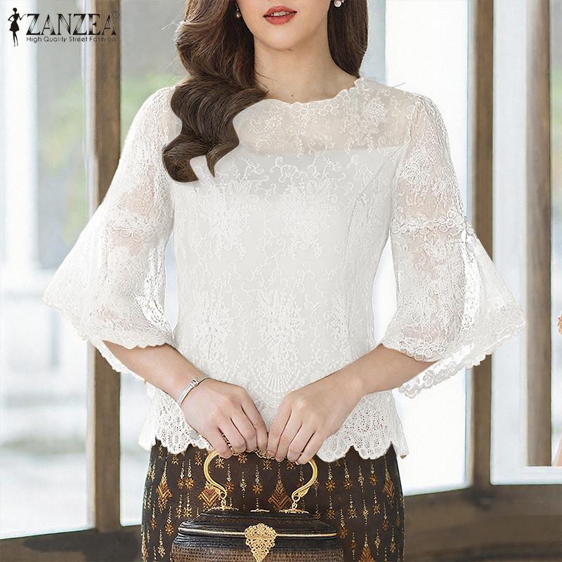 ZANZEA Damen Freizeit Rundhals 3/4 Ärmel Spitze Patchwork Bluse