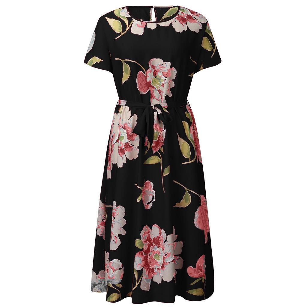 Women's Plus Size Printed Midi Dress - Round Neck, Short Sleeve, Waist-Cinched, European American Style