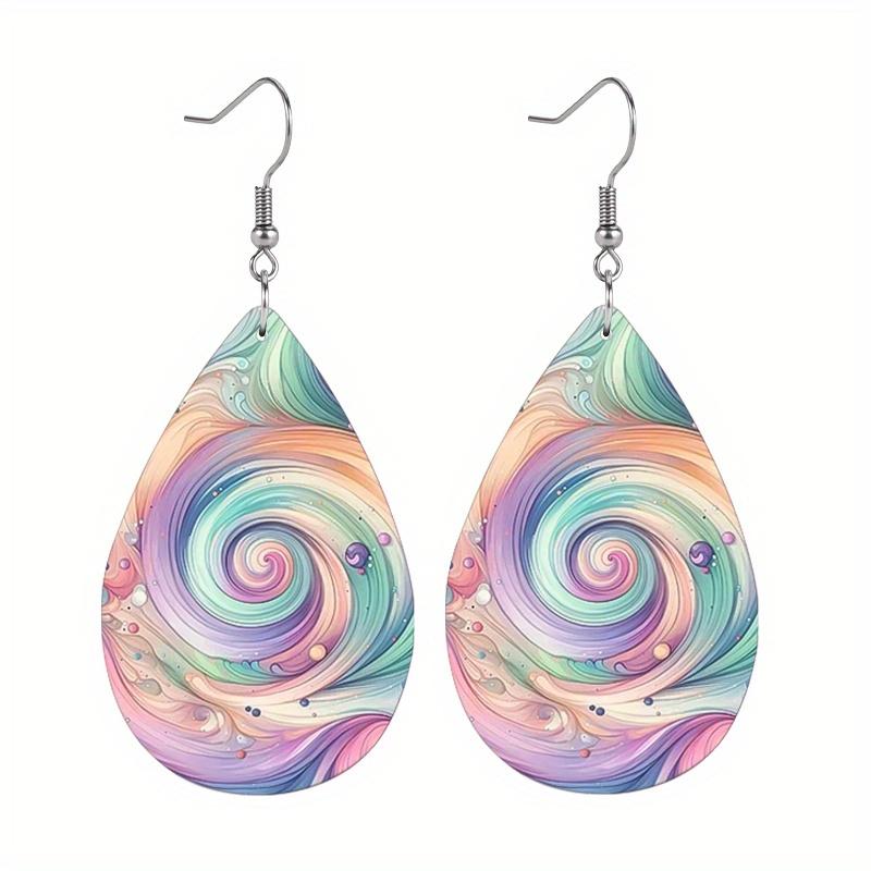 Pink Colorful Swirl Painting PU Leather Earrings For Women Creative Purple Marble Pattern Teardrop Earrings