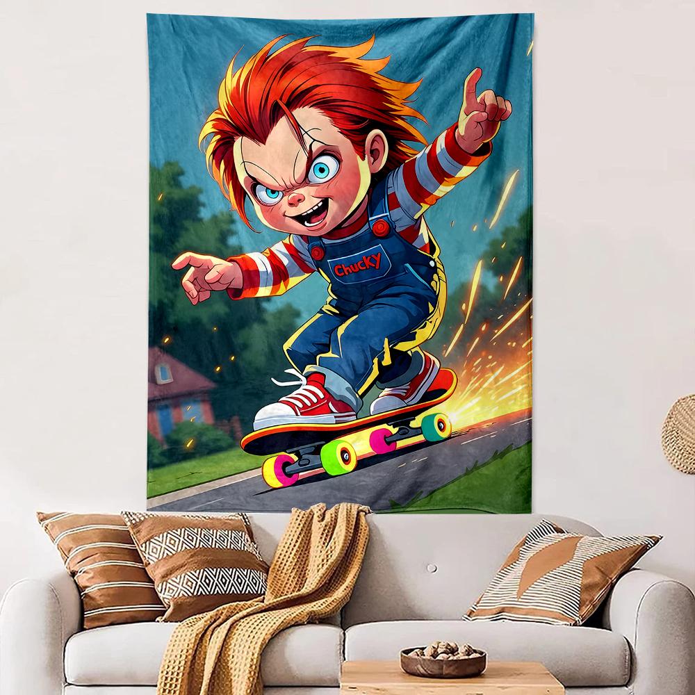 Tapestry Chucky Doll on Skateboard Horror Movie Cartoon Anime Wall Hanging Dorm Men Cave Gift