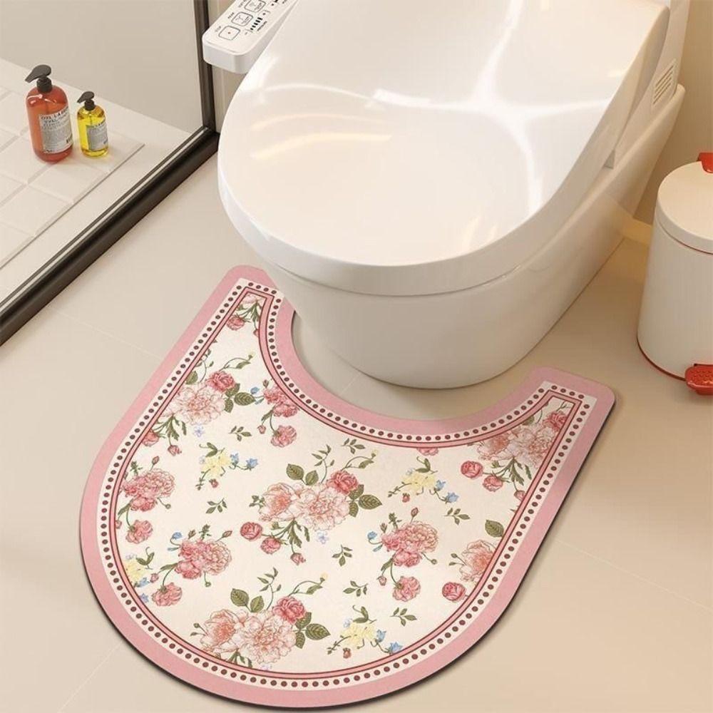 Quick Dry U-Shaped Toilet Mat Absorbent Toilet Pad Retro Floral Bathroom Rug Restroom