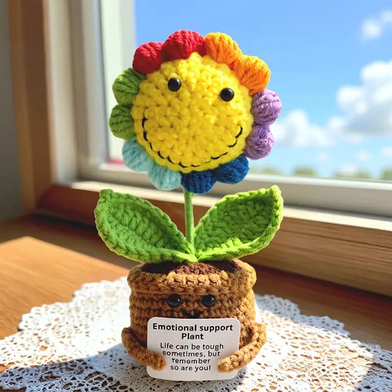Handmade Crochet Sunflower Emotional Support Plant Desktop Ornament Adorable Potted Flower Decor with Inspirational Notes Gift