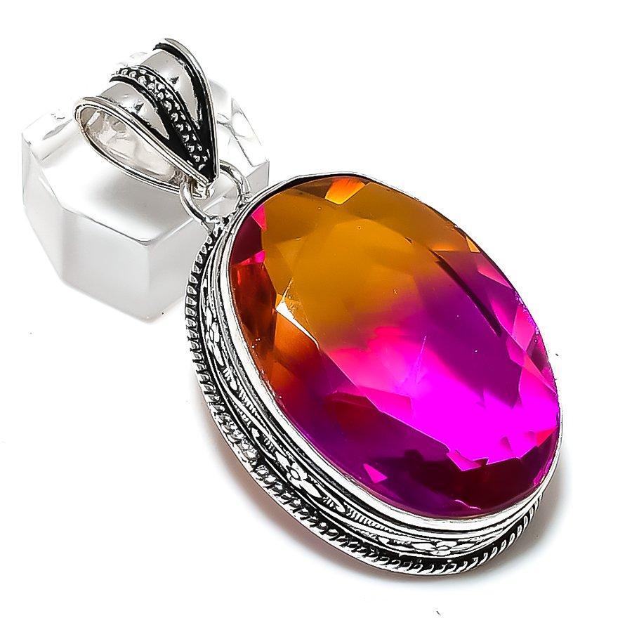 Bi-Color Tourmaline Gemstone Handmade 925 Sterling Silver Pendant 2.09" W3w06
