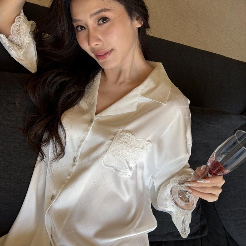 

Silkworm Weiss Sexy Shirt Lace Loose Boyfriend Cardigan Pajama Spring and Summer New Homewear Loose Large Size Silk One size fits all
