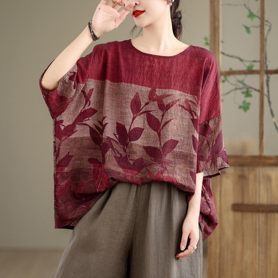 Summer Hemp Cotton Blouse EthnicStyle Bat Sleeve Loose Oversized Round Neck T-shirt Casual Comfortable for Women