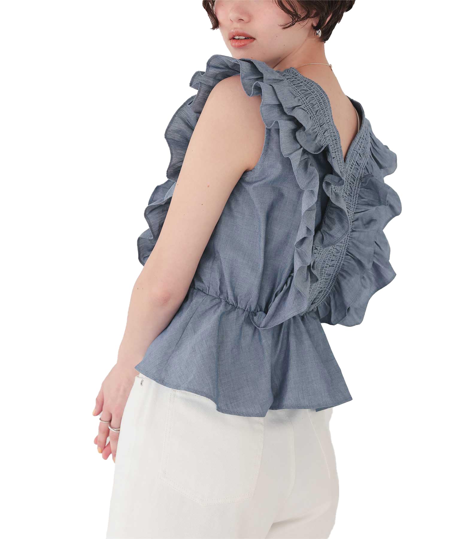 

Titibait Блузка без рукавов с оборками AFXP4275 Средне-голубая Женская синий