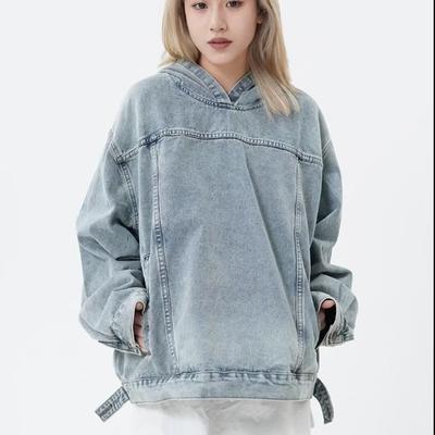 Women's Spring and Autumn Washed Vintage Hooded Denim Loose Sweatshirt Long Sleeve Loose Pullover Top