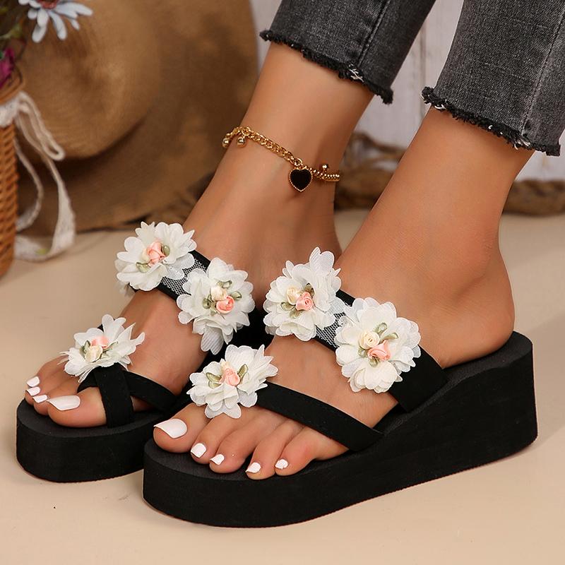Fashion Brand Designer Mesh Floral Decoration Flip Flops Women 2025 Summer Black Wedge Heels Outdoor Slippers Casual Beach Sandals