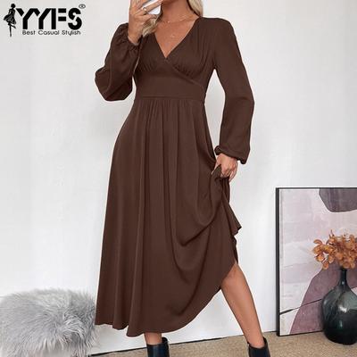 Women's Fashion Spring Fall Solid Color Print Long Sleeve V-Neck High Waist Casual Dresses