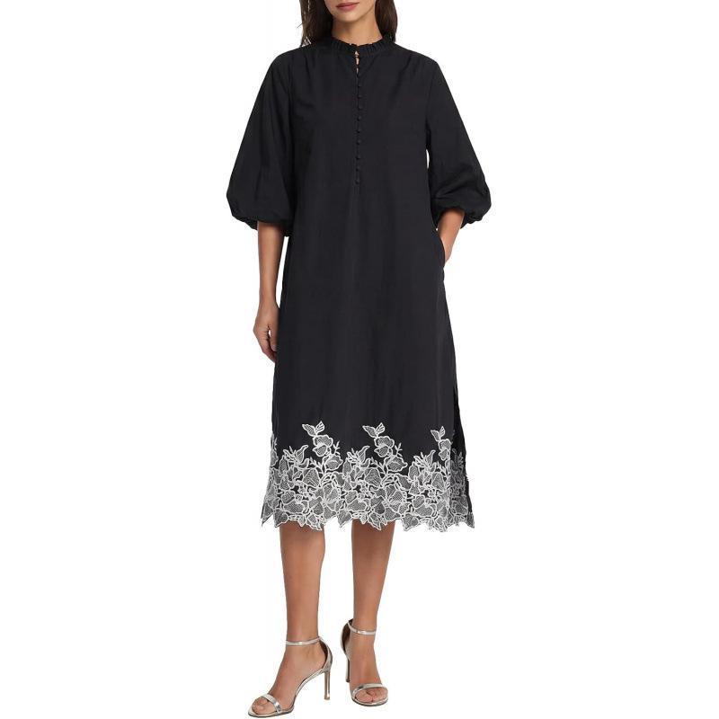 Spice Girl Style 2026 Summer Casual Seven-Sleeve V-Neck Button Embroidered Elegant Medium and Long Dress S чёрный