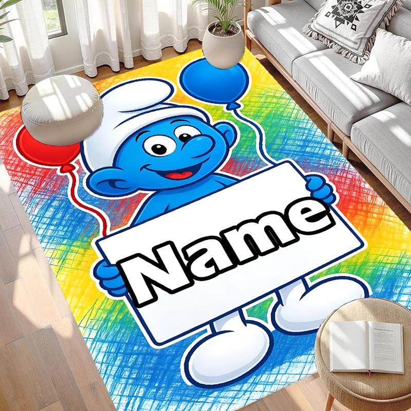 Custom Name Personalized Blue Smurfs Print Carpet, Versatile Home Decor Rug, for Playroom, Apartment, Balcony, Entryway, Hallway Gift
