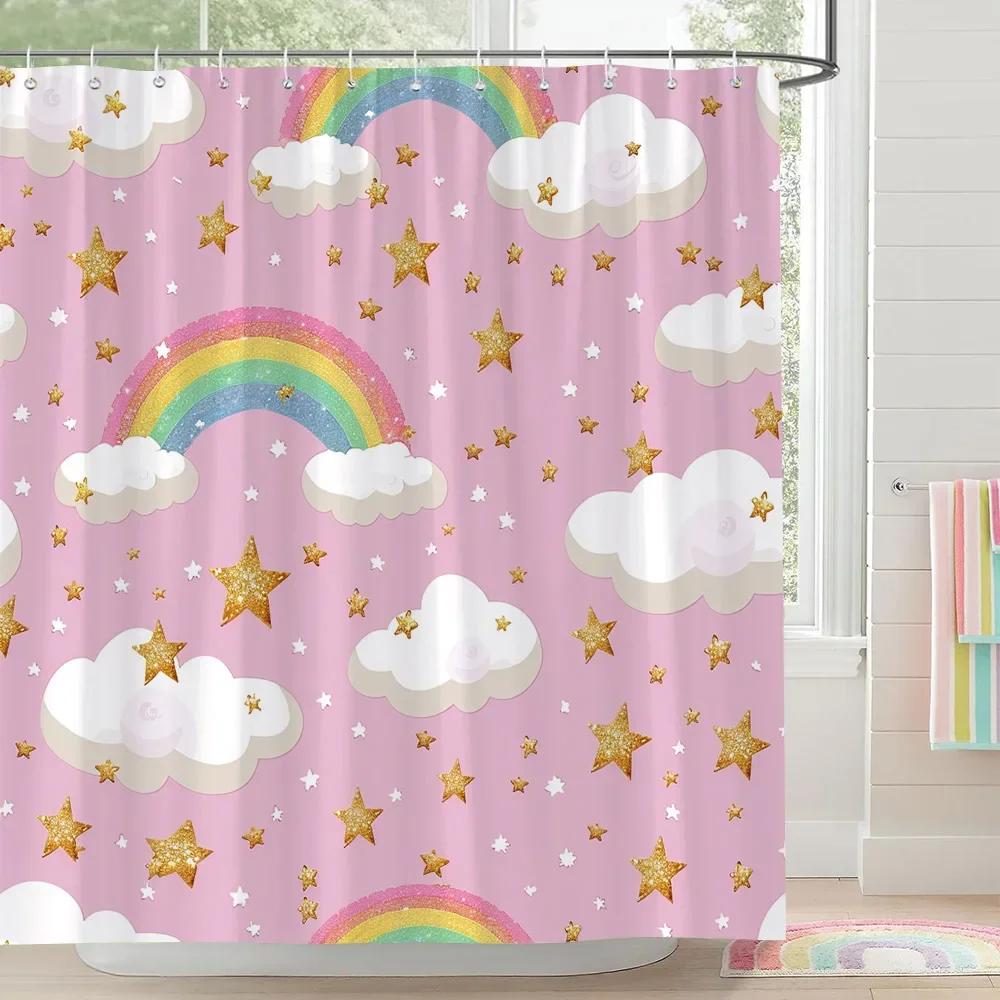 

Rainbow Castle Pink Bow Shower Curtain Love Hearts Stars Stripes Colourful Clouds Polyester Fabric Shower Curtain Bathroom Decor W90XH180cm