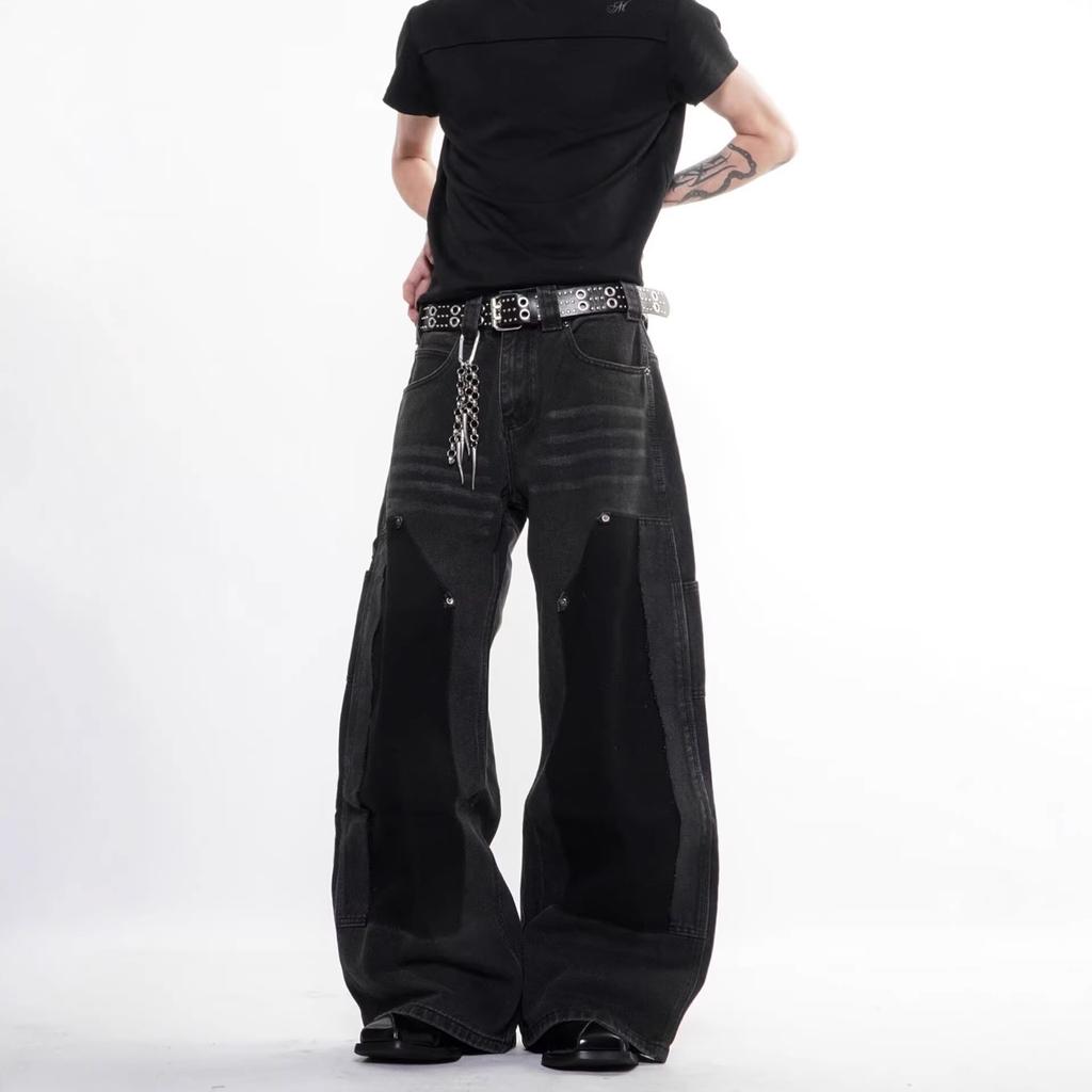 American retro primary color jeans men's and women's design sense niche ruffian handsome tooling loose casual straight wide-leg pants