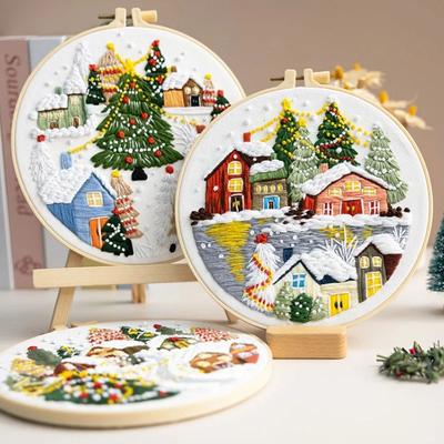 Weihnachtsbaumhaus Schneestickerei-Set mit Anleitung, Garn, Nadel, vorgedrucktem Stoff für DIY-Weihnachtsdeko, Handgemachtes Geschenk