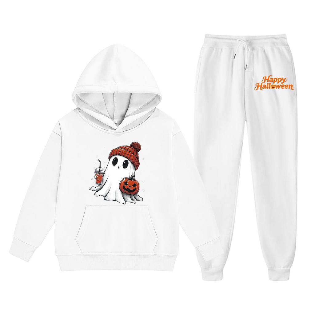 Kids Halloween Hoodie and Pants Set Soft Comfortable Fabric Long Sleeve Pullover with Ghost Pumpkin Print Suitable for Fall and Halloween Events