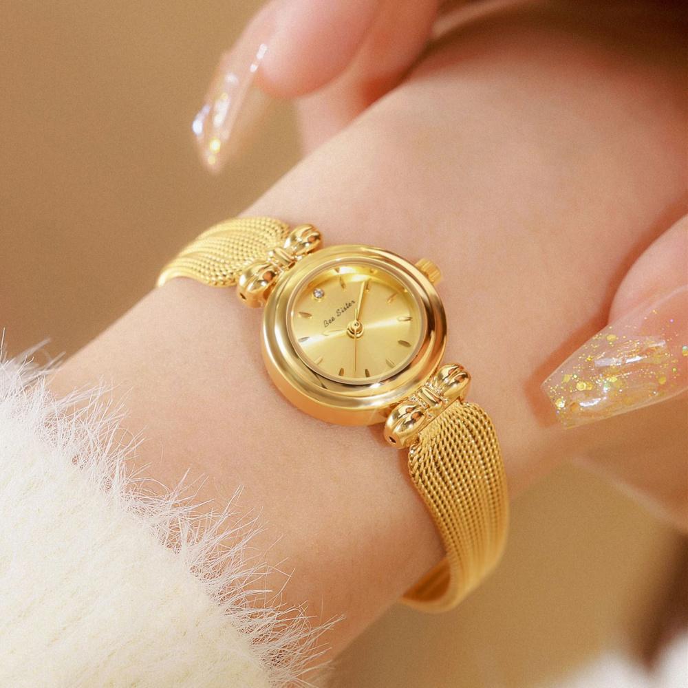 Mini Bowknot Mesh Band Women Quartz Watch, Small Round Dial Light Luxury Alloy Ladies Dress Wrist Watch with Shell Sunray Dial