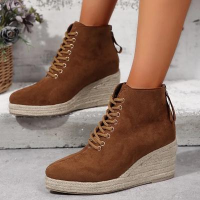 2024 New Fashion Solid Color Wedge Women's Boots Lace-up Decoration Thick Sole Comfortable Outerwear Women's Shoes Back Zipper